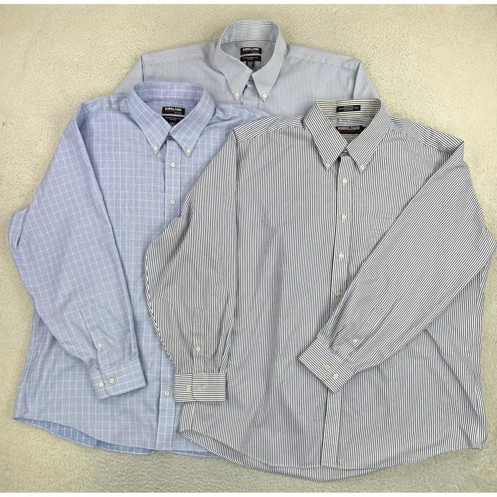 Kirkland Signature Dress Shirts LOT OF 3 Mens 18 34/35 Blue Stripe Non Iron LS